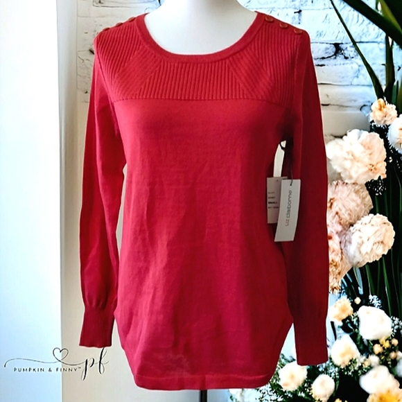 NWT Liz Claiborne Red Scoop Neck Long Sleeve Button Accent Sweater Sz Small - Picture 1 of 7